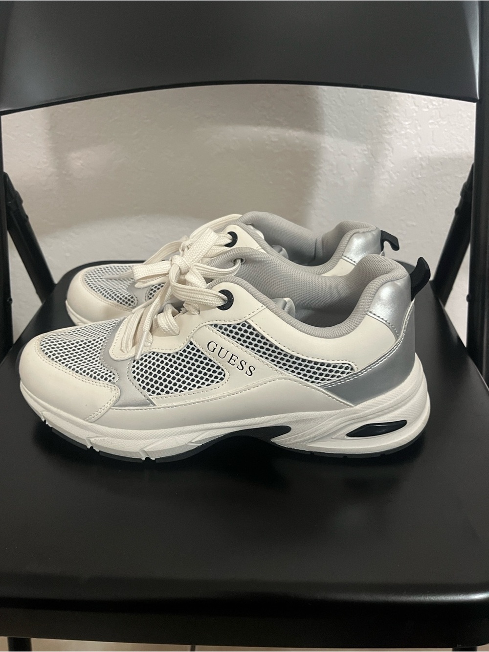 GUESS White and Silver Women's Chunky Lace-Up Sneakers - Picture 6 of 6